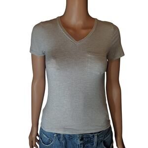 Active USA Size M Ribbed V Neck Fitted Pocket Tee Y2K Gray Striped Baby Tee Top
